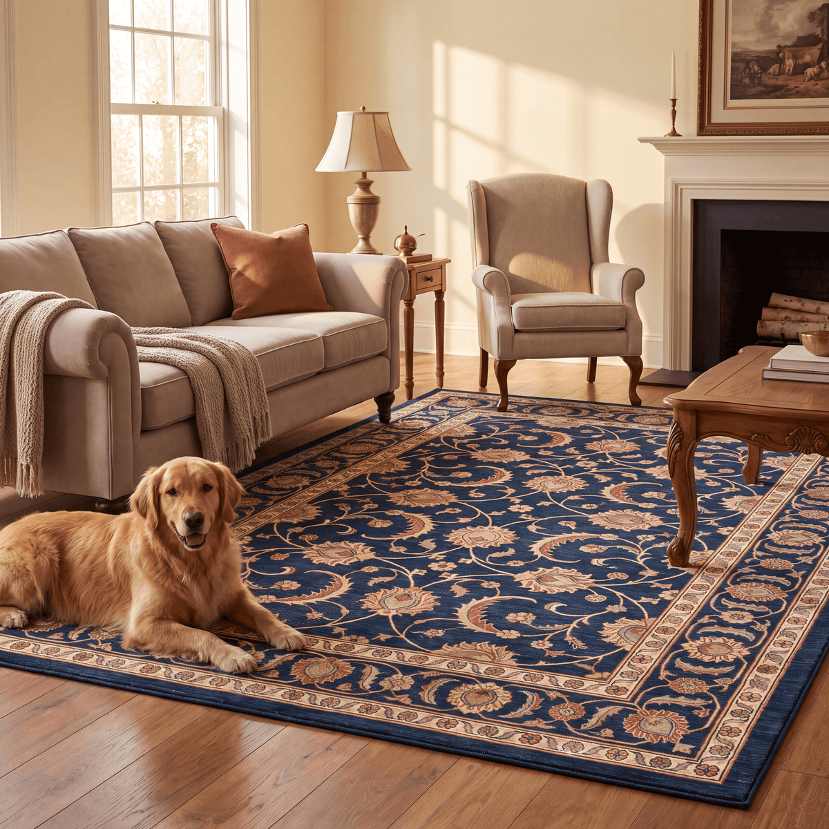A dog resting on the rug in a living room.