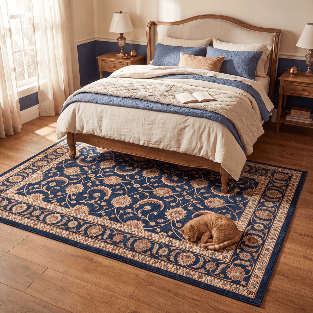 The rug at the foot of a bed with a cat asleep on it.