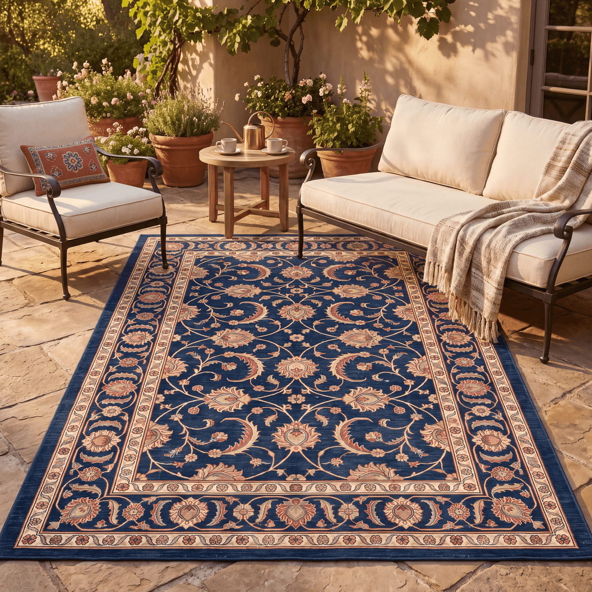 The rug laid flat on a patio beside outdoor seating.