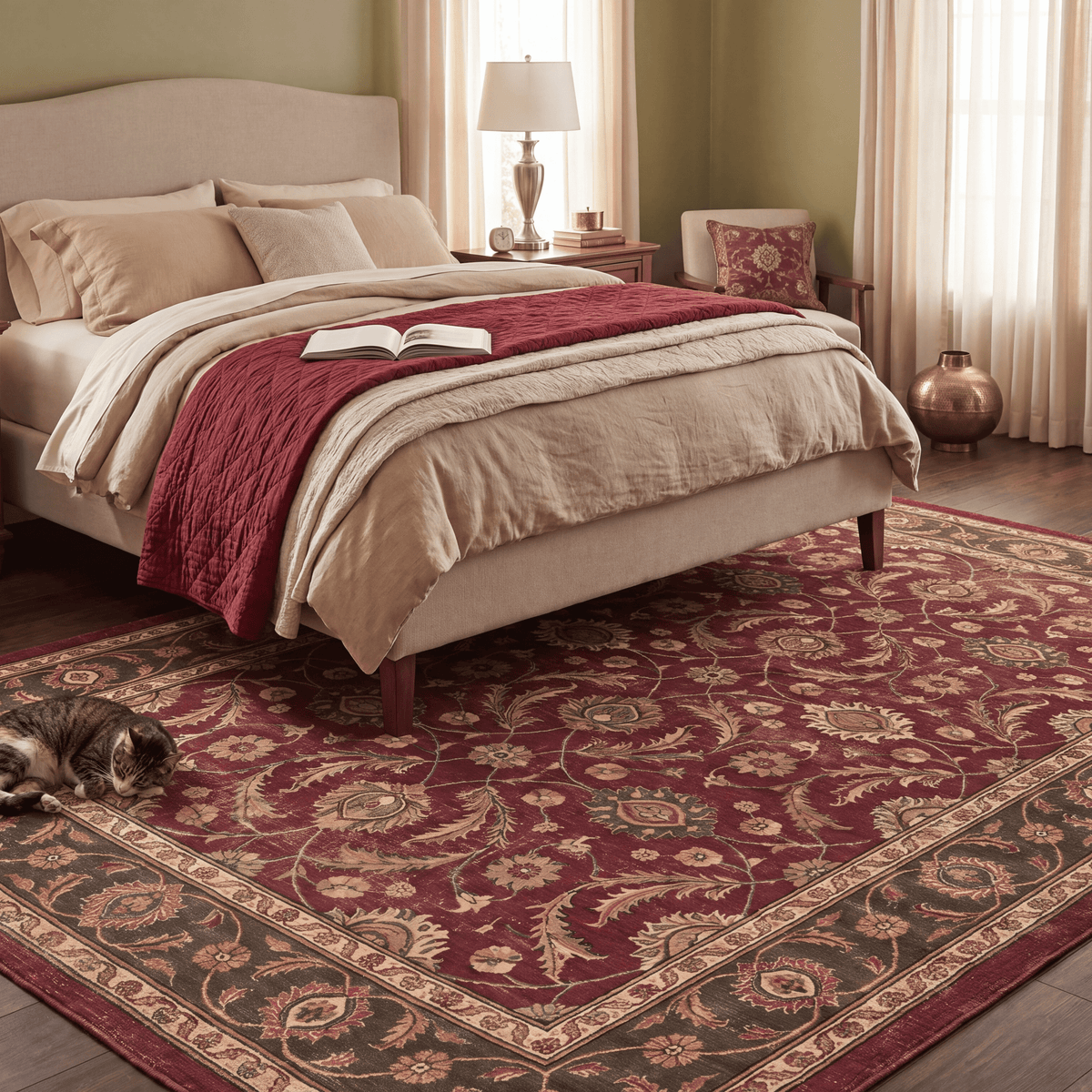 The rug at the foot of a bed with a cat asleep on it.