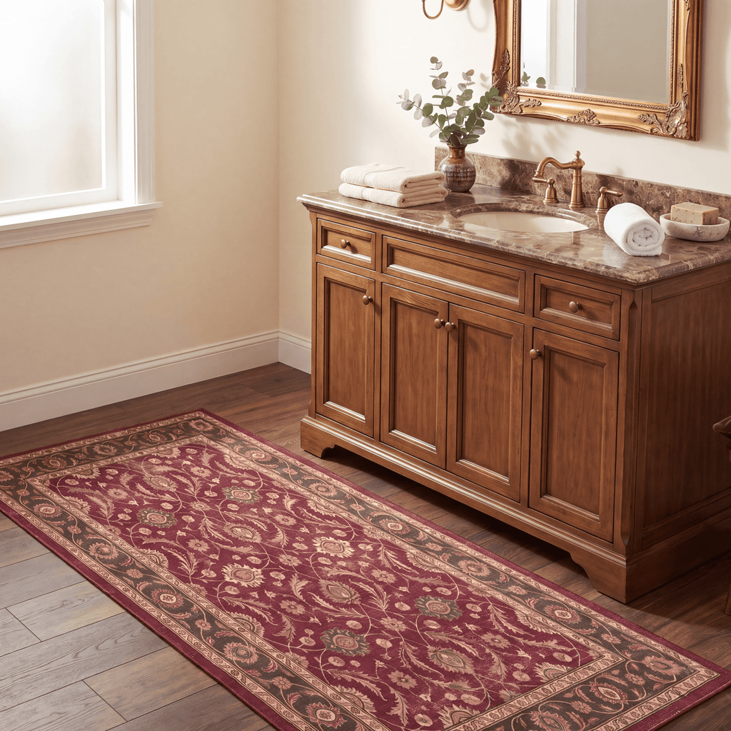 Butte2 Traditional Floral Border Wine Olive Bone Washable Indoor Outdoor Rug - RugzellaDigital Print RugRugzellaRugzellaBBB408-RECT-24x47-60x120cmRGZLLA118476Rectangle2' x 3'11" (60x120 cm)RUNNER | Butte2 runner bathroom