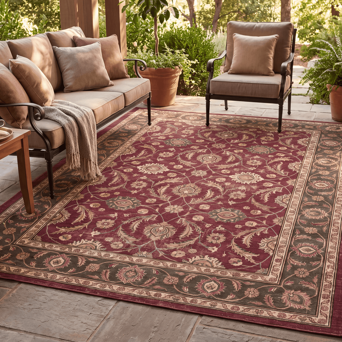 Butte2 Traditional Floral Border Wine Olive Bone Washable Indoor Outdoor Rug - RugzellaDigital Print RugRugzellaRugzellaBBB408-RECT-24x47-60x120cmRGZLLA118476Rectangle2' x 3'11" (60x120 cm)RECTANGLE | Butte2 rectangle outdoor
