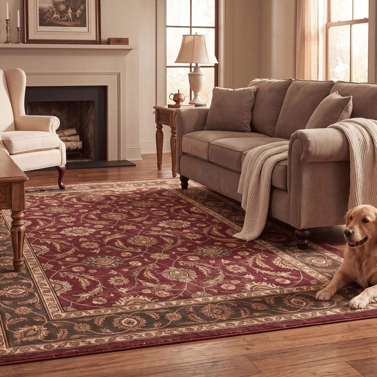 A dog resting on the rug in a living room.