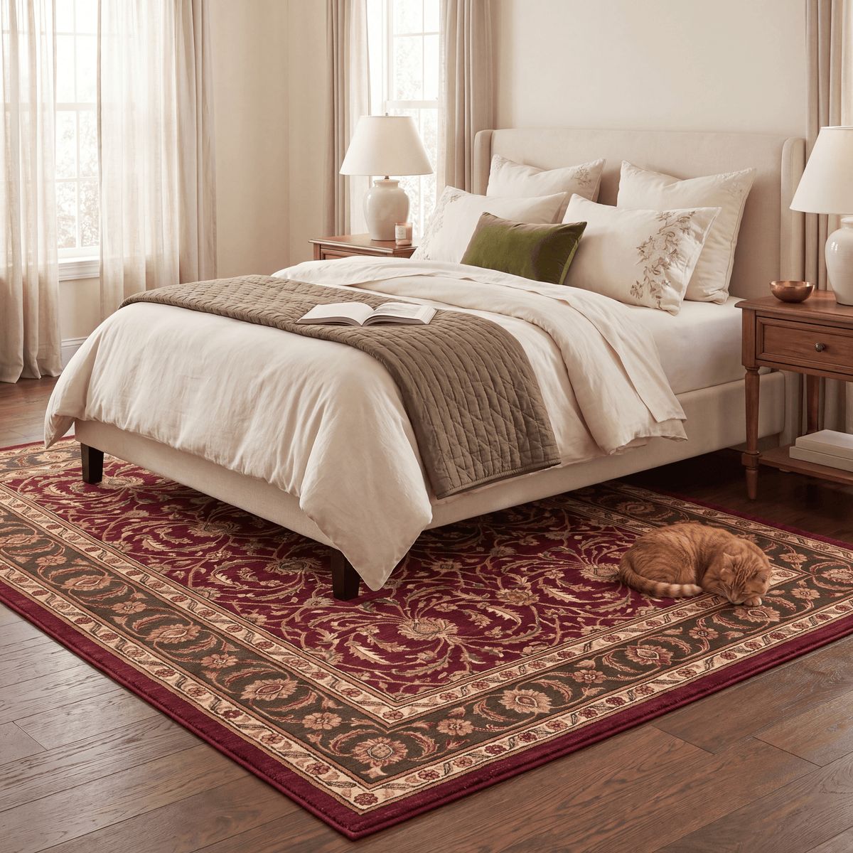 The rug at the foot of a bed with a cat asleep on it.