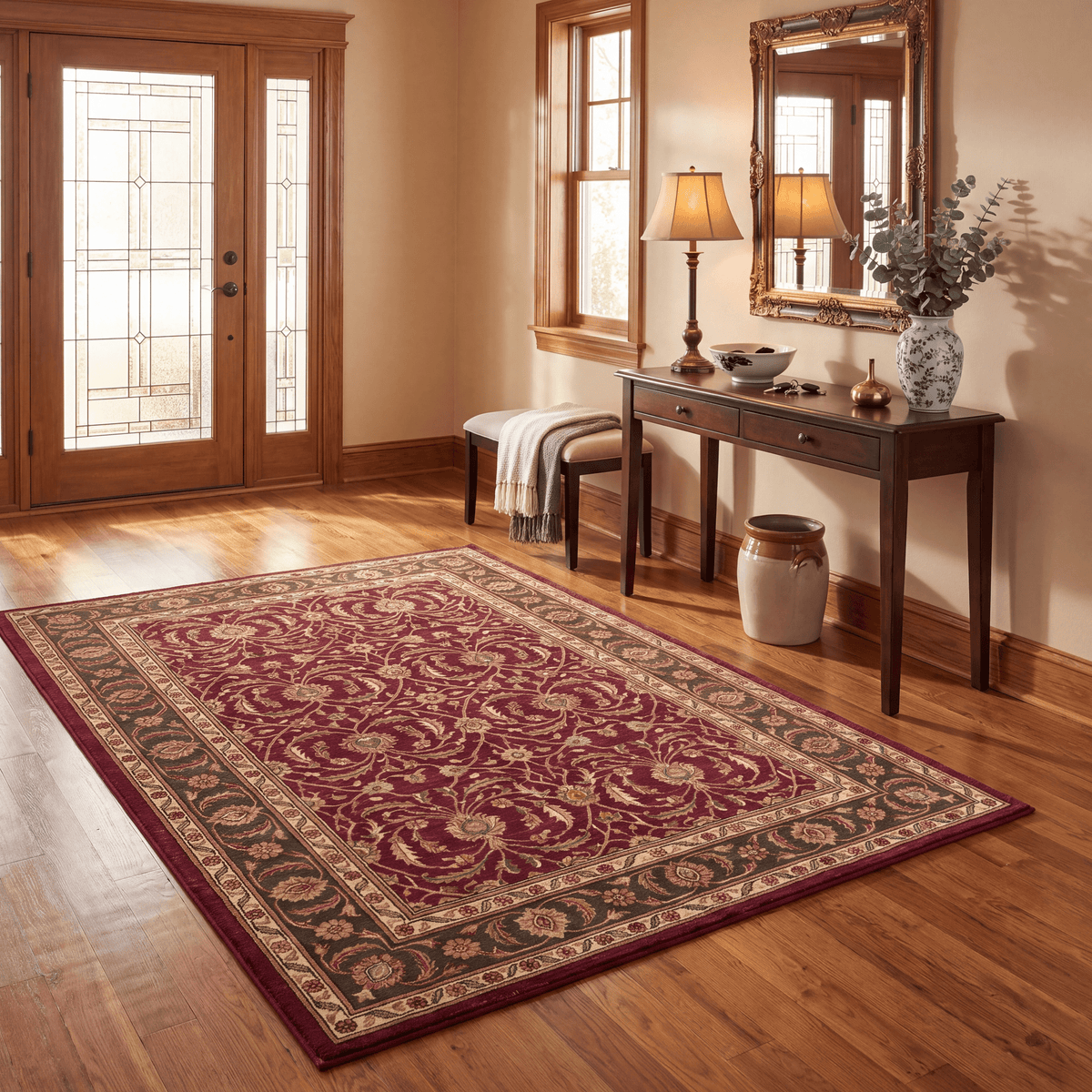 Butterbur Traditional All-Over Floral Bordered Wine Olive Bone Washable Indoor Outdoor Entryway Rug - RugzellaDigital Print RugRugzellaRugzellaBBB509-RECT-24x47-60x120cmRGZLLA153986Rectangle2' x 3'11" (60x120 cm)RECTANGLE | Butterbur rectangle entryway
