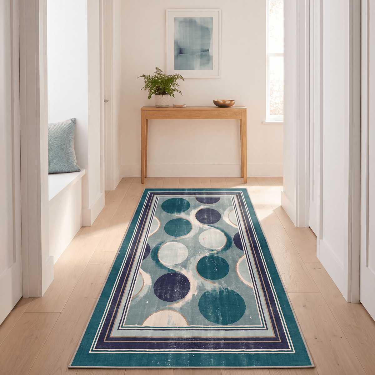 Cairn2 Modern Overlapping Circles Emerald Teal Ink Washable Indoor Outdoor Rug - RugzellaDigital Print RugRugzellaRugzellaBBB409-RECT-24x47-60x120cmRGZLLA118811Rectangle2' x 3'11" (60x120 cm)RUNNER | Cairn2 runner hallway