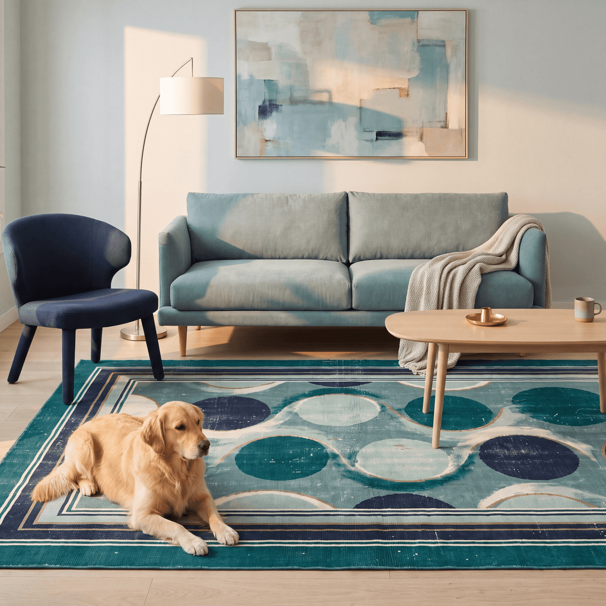 A dog resting on the rug in a living room.