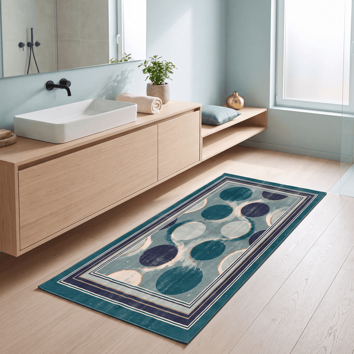 Cairn2 Modern Overlapping Circles Emerald Teal Ink Washable Indoor Outdoor Rug - RugzellaDigital Print RugRugzellaRugzellaBBB409-RECT-24x47-60x120cmRGZLLA118811Rectangle2' x 3'11" (60x120 cm)RUNNER | Cairn2 runner bathroom