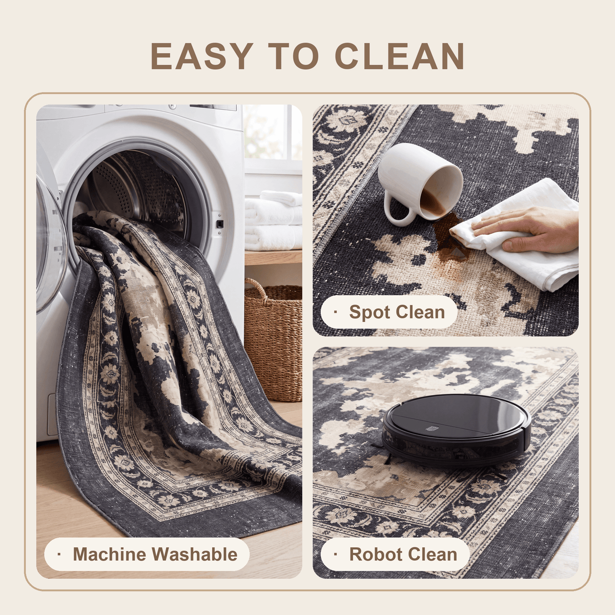 Calamint Modern Distressed Solid Charcoal Ink Ecru Washable Indoor Outdoor Entryway Rug - RugzellaDigital Print RugRugzellaRugzellaBBB511-RECT-24x47-60x120cmRGZLLA154656Rectangle2' x 3'11" (60x120 cm)SHARED | Calamint feature clean