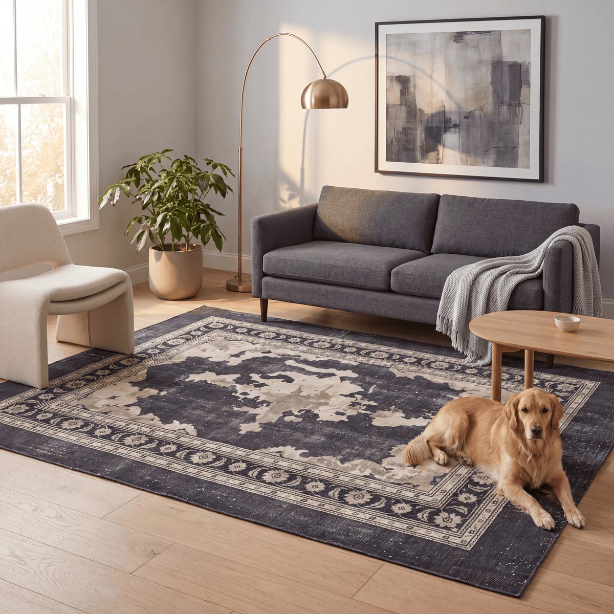 A dog resting on the rug in a living room.