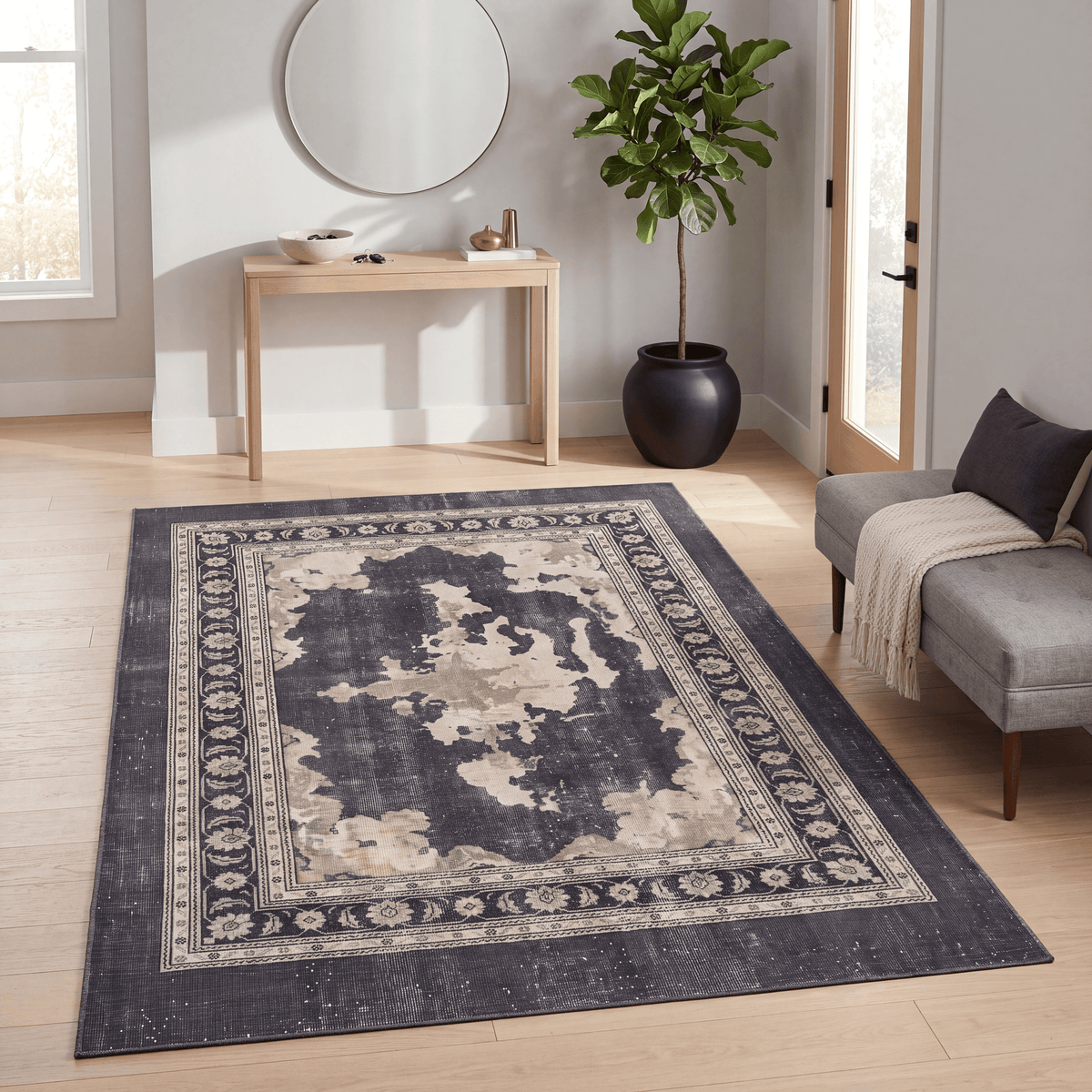 Calamint Modern Distressed Solid Charcoal Ink Ecru Washable Indoor Outdoor Entryway Rug - RugzellaDigital Print RugRugzellaRugzellaBBB511-RECT-24x47-60x120cmRGZLLA154656Rectangle2' x 3'11" (60x120 cm)RECTANGLE | Calamint rectangle entryway