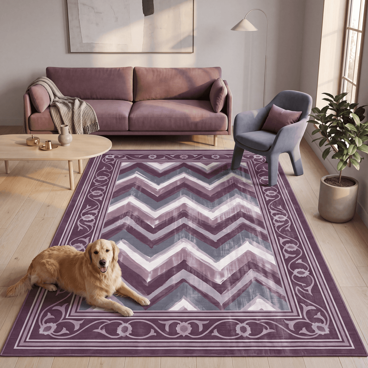A dog resting on the rug in a living room.