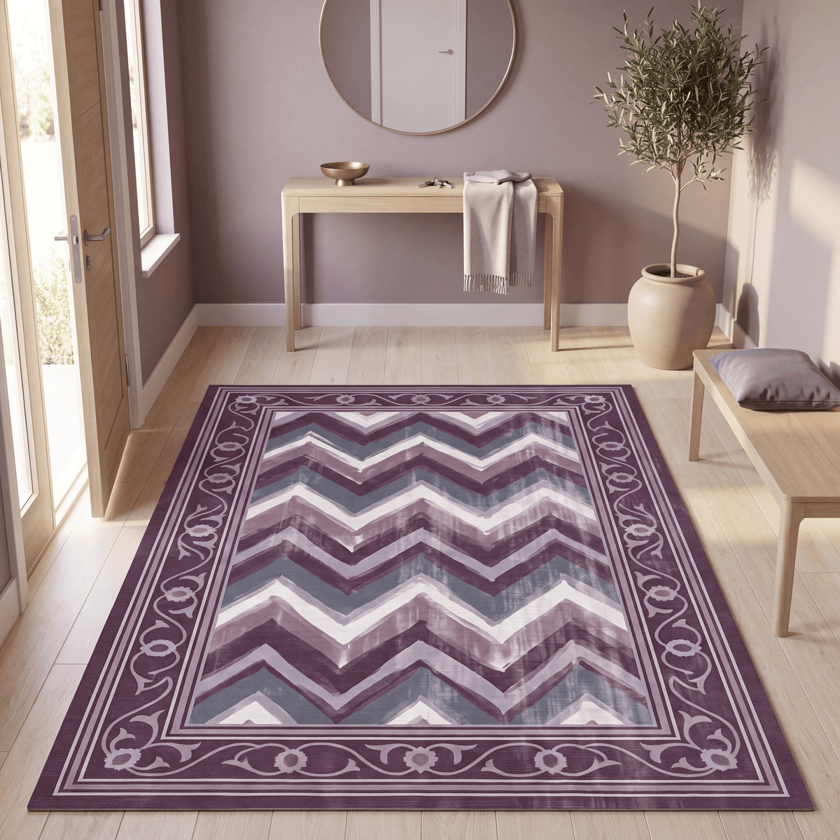 Candytuft Modern Brushstroke Stripe Plum Slate Chalk Washable Indoor Outdoor Entryway Rug - RugzellaDigital Print RugRugzellaRugzellaBBB512-RECT-24x47-60x120cmRGZLLA154991Rectangle2' x 3'11" (60x120 cm)RECTANGLE | Candytuft rectangle entryway