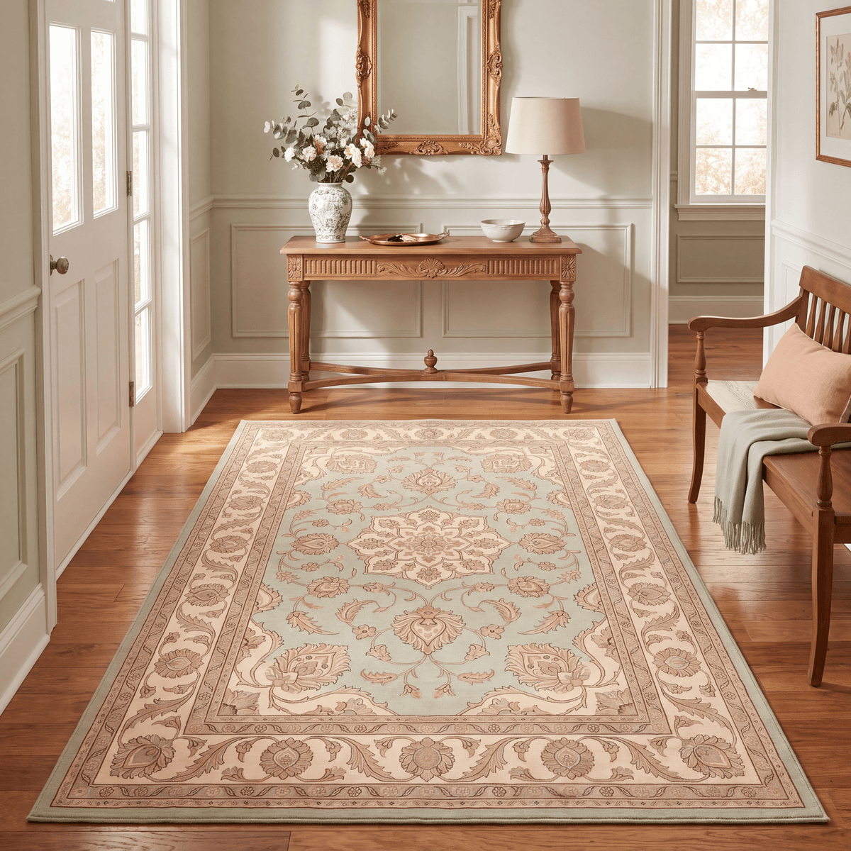 Caraway Traditional Oriental Style Medallion Sage Ivory Rose Washable Indoor Outdoor Entryway Rug - RugzellaDigital Print RugRugzellaRugzellaBBB513-RECT-24x47-60x120cmRGZLLA155326Rectangle2' x 3'11" (60x120 cm)RECTANGLE | Caraway rectangle entryway
