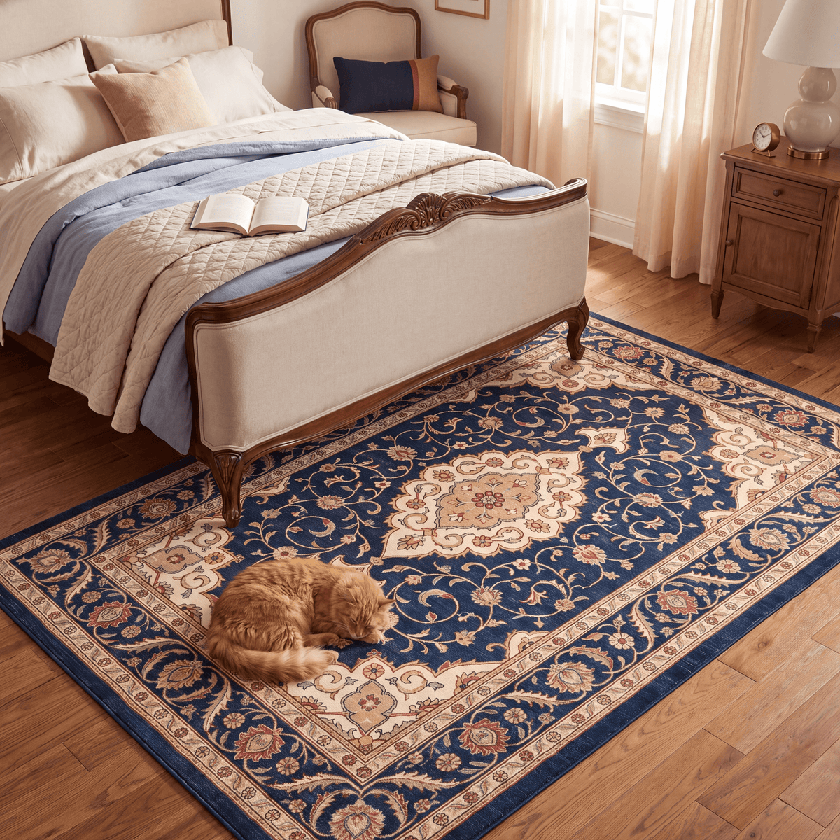 The rug at the foot of a bed with a cat asleep on it.