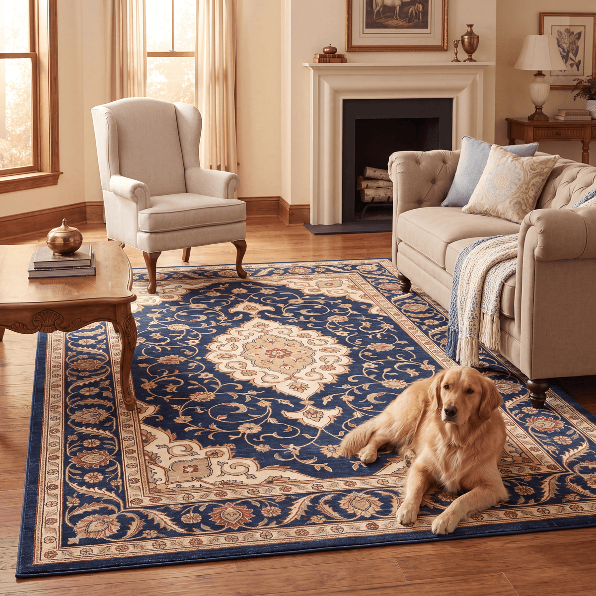 A dog resting on the rug in a living room.