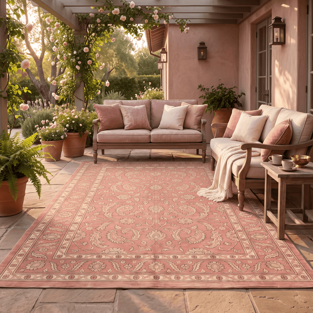 Catmint Traditional All Over Floral Border Rose Madder Cream Washable Indoor Outdoor Entryway Rug - RugzellaDigital Print RugRugzellaRugzellaBBB515-RECT-24x47-60x120cmRGZLLA155996Rectangle2' x 3'11" (60x120 cm)RECTANGLE | Catmint rectangle outdoor