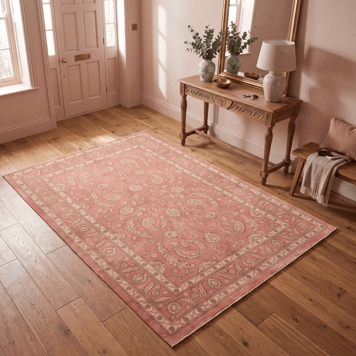Catmint Traditional All Over Floral Border Rose Madder Cream Washable Indoor Outdoor Entryway Rug - RugzellaDigital Print RugRugzellaRugzellaBBB515-RECT-24x47-60x120cmRGZLLA155996Rectangle2' x 3'11" (60x120 cm)RECTANGLE | Catmint rectangle entryway