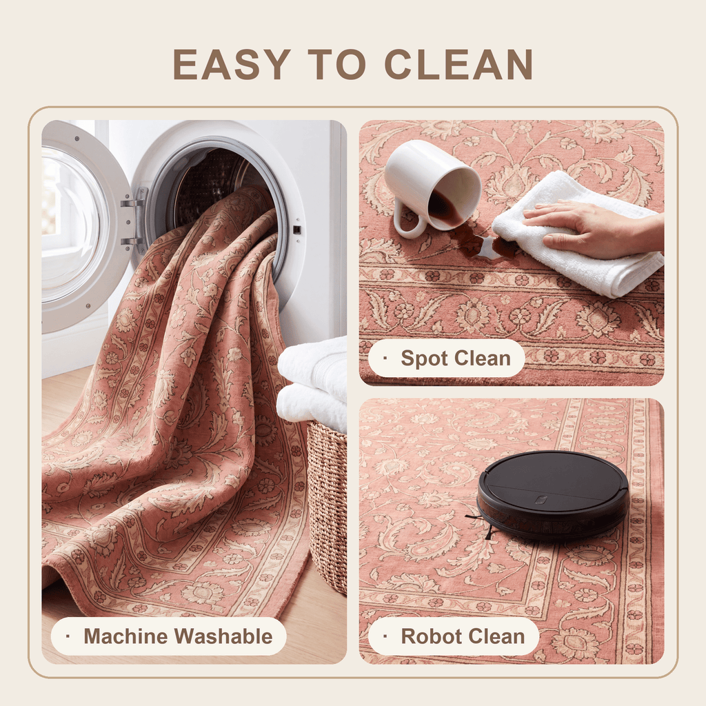 Catmint Traditional All Over Floral Border Rose Madder Cream Washable Indoor Outdoor Entryway Rug - RugzellaDigital Print RugRugzellaRugzellaBBB515-RECT-24x47-60x120cmRGZLLA155996Rectangle2' x 3'11" (60x120 cm)SHARED | Catmint feature clean