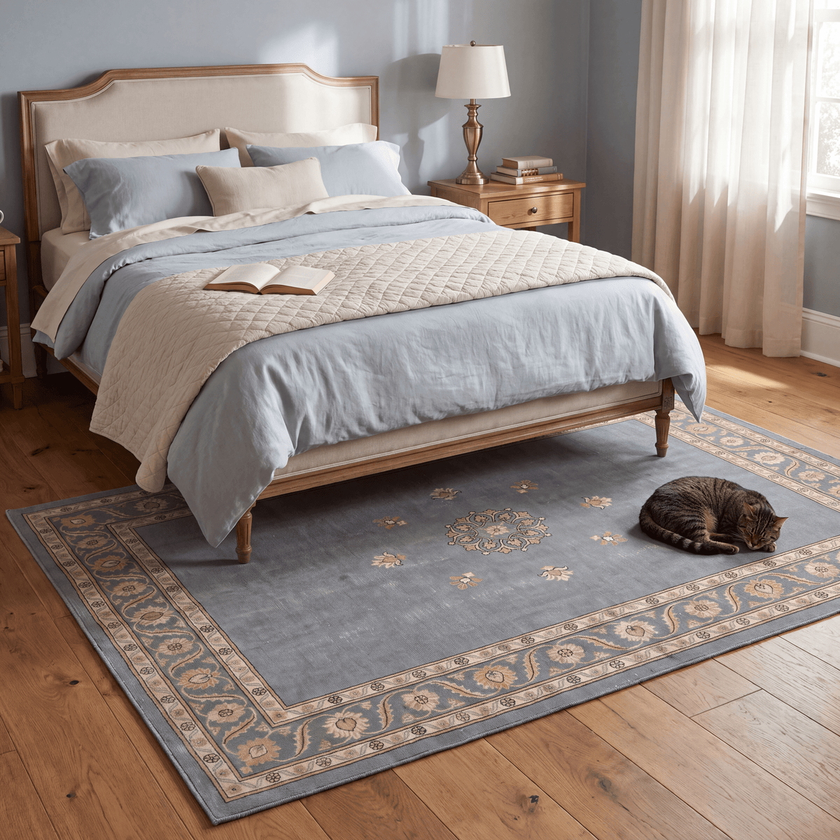 The rug at the foot of a bed with a cat asleep on it.