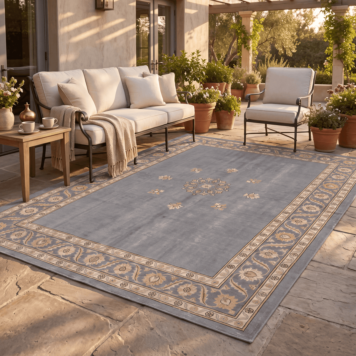 The rug laid flat on a patio beside outdoor seating.
