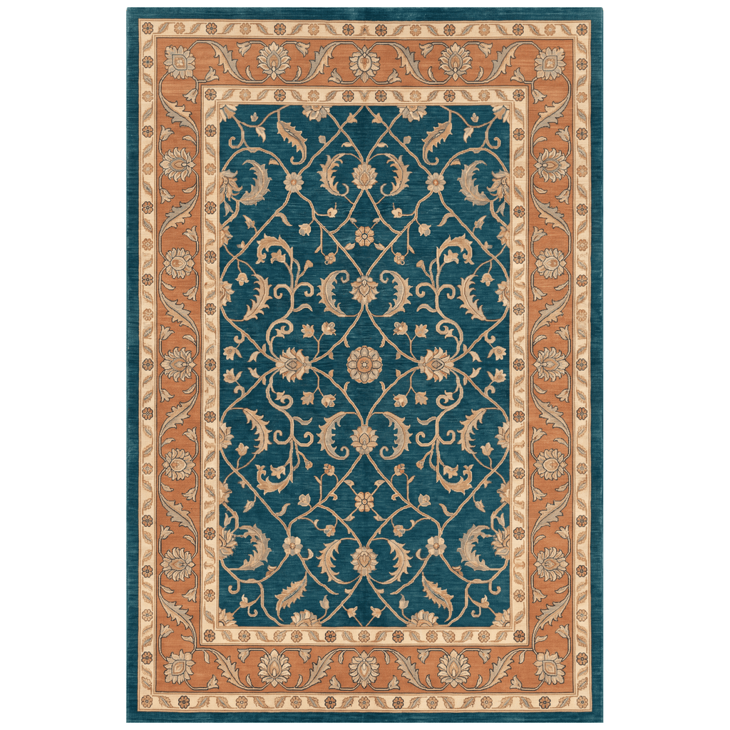 Chapel2 Traditional Floral Border Teal Copper Cream Washable Indoor Outdoor Rug - RugzellaDigital Print RugRugzellaRugzellaBBB396-RECT-24x47-60x120cmRGZLLA115126Rectangle2' x 3'11" (60x120 cm)RECTANGLE | HERO | Chapel2 rectangle