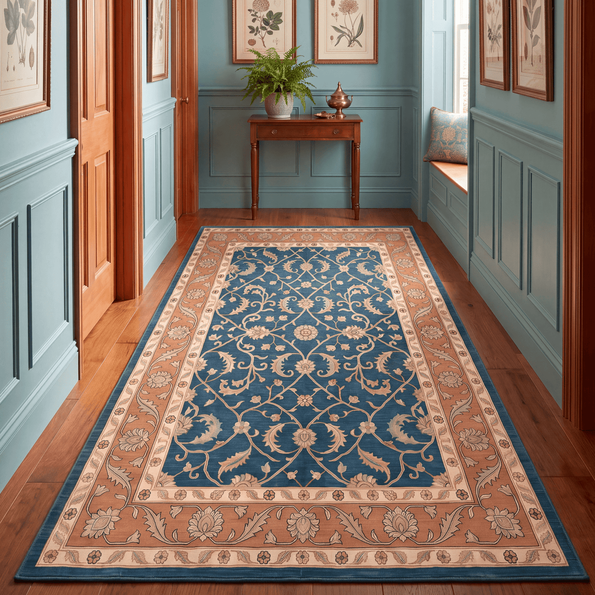 Chapel2 Traditional Floral Border Teal Copper Cream Washable Indoor Outdoor Rug - RugzellaDigital Print RugRugzellaRugzellaBBB396-RECT-24x47-60x120cmRGZLLA115126Rectangle2' x 3'11" (60x120 cm)RUNNER | Chapel2 runner hallway