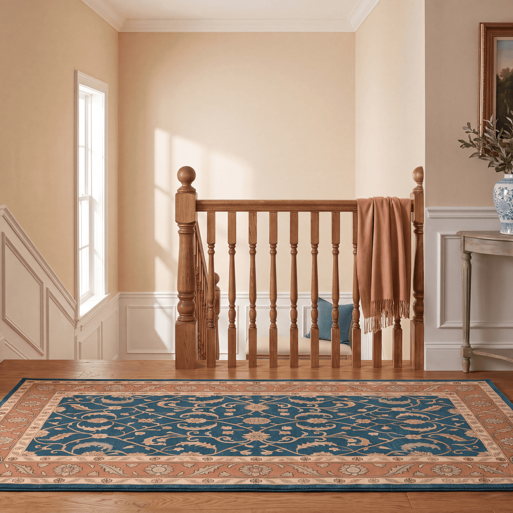 Chapel2 Traditional Floral Border Teal Copper Cream Washable Indoor Outdoor Rug - RugzellaDigital Print RugRugzellaRugzellaBBB396-RECT-24x47-60x120cmRGZLLA115126Rectangle2' x 3'11" (60x120 cm)RUNNER | Chapel2 runner staircase