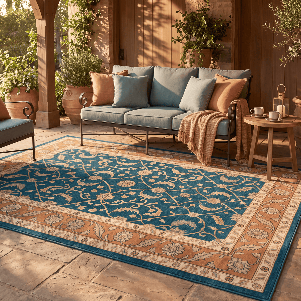Chapel2 Traditional Floral Border Teal Copper Cream Washable Indoor Outdoor Rug - RugzellaDigital Print RugRugzellaRugzellaBBB396-RECT-24x47-60x120cmRGZLLA115126Rectangle2' x 3'11" (60x120 cm)RECTANGLE | Chapel2 rectangle outdoor