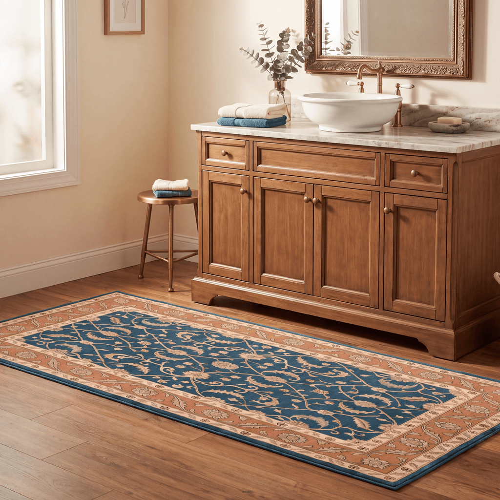 Chapel2 Traditional Floral Border Teal Copper Cream Washable Indoor Outdoor Rug - RugzellaDigital Print RugRugzellaRugzellaBBB396-RECT-24x47-60x120cmRGZLLA115126Rectangle2' x 3'11" (60x120 cm)RUNNER | Chapel2 runner bathroom
