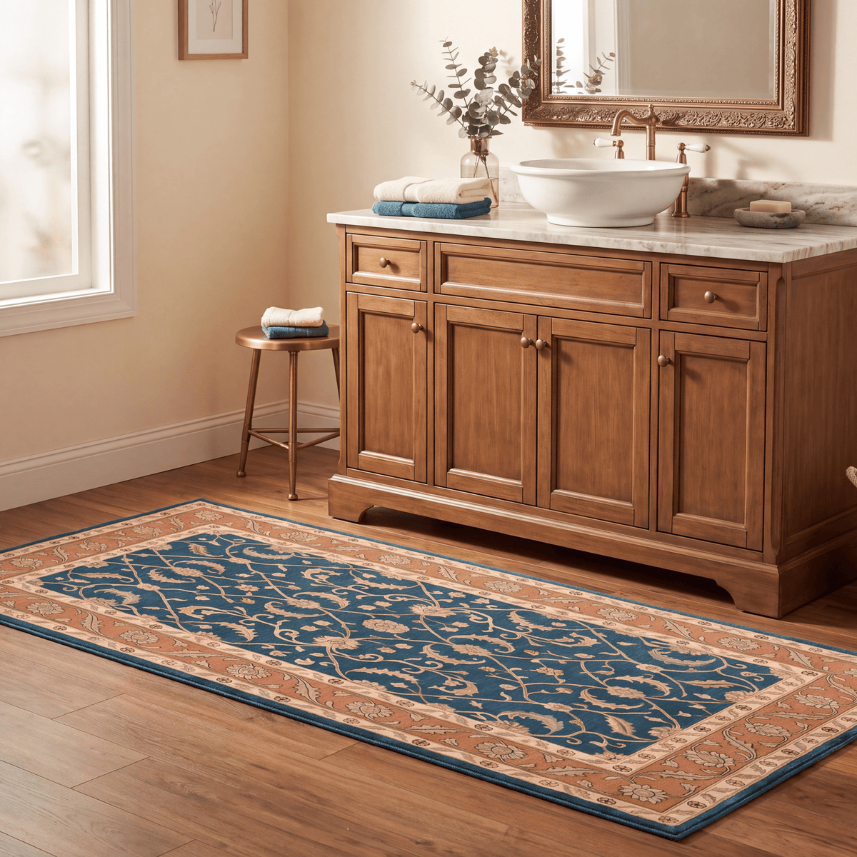 Chapel2 Traditional Floral Border Teal Copper Cream Washable Indoor Outdoor Rug - RugzellaDigital Print RugRugzellaRugzellaBBB396-RECT-24x47-60x120cmRGZLLA115126Rectangle2' x 3'11" (60x120 cm)RUNNER | Chapel2 runner bathroom