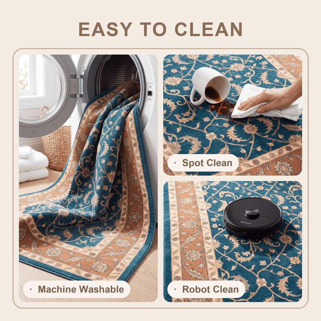 Chapel2 Traditional Floral Border Teal Copper Cream Washable Indoor Outdoor Rug - RugzellaDigital Print RugRugzellaRugzellaBBB396-RECT-24x47-60x120cmRGZLLA115126Rectangle2' x 3'11" (60x120 cm)SHARED | Chapel2 feature clean
