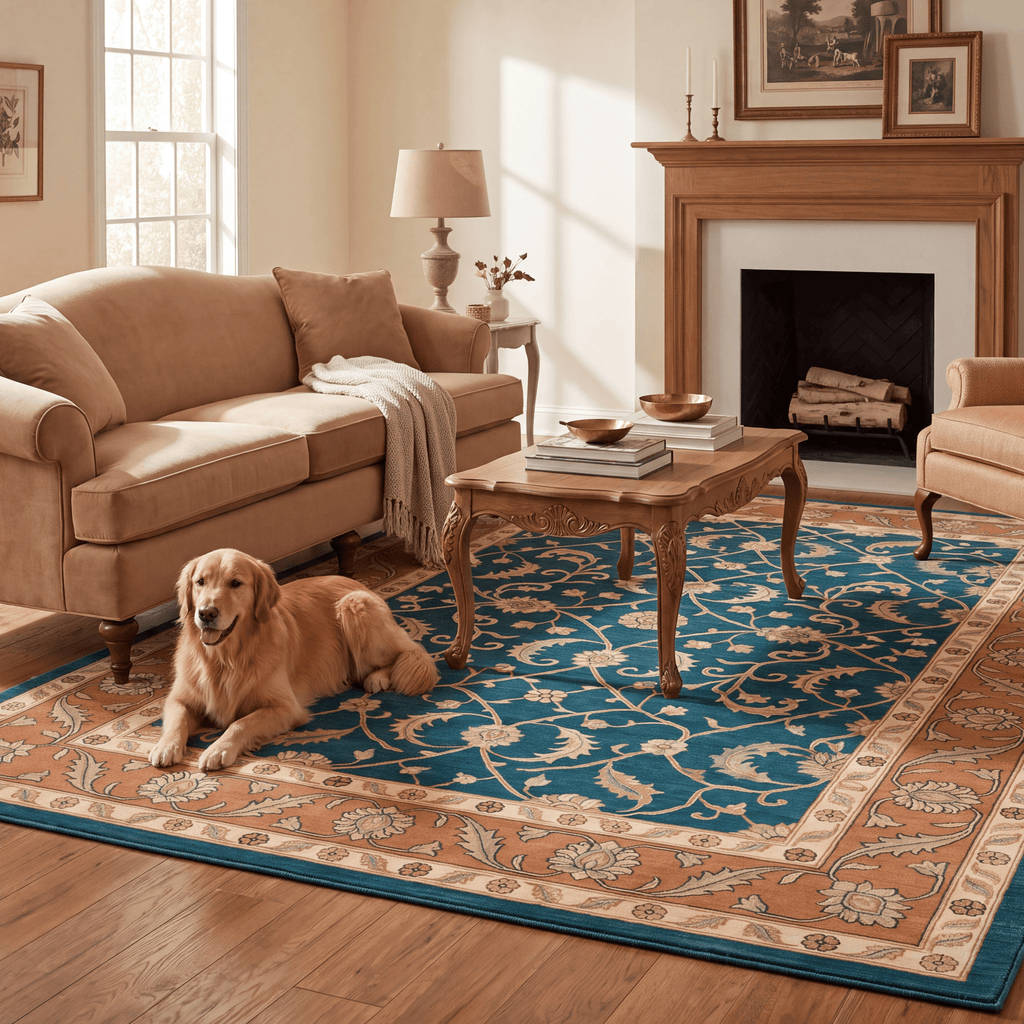 Chapel2 Traditional Floral Border Teal Copper Cream Washable Indoor Outdoor Rug - RugzellaDigital Print RugRugzellaRugzellaBBB396-RECT-24x47-60x120cmRGZLLA115126Rectangle2' x 3'11" (60x120 cm)RECTANGLE | Chapel2 rectangle livingroom