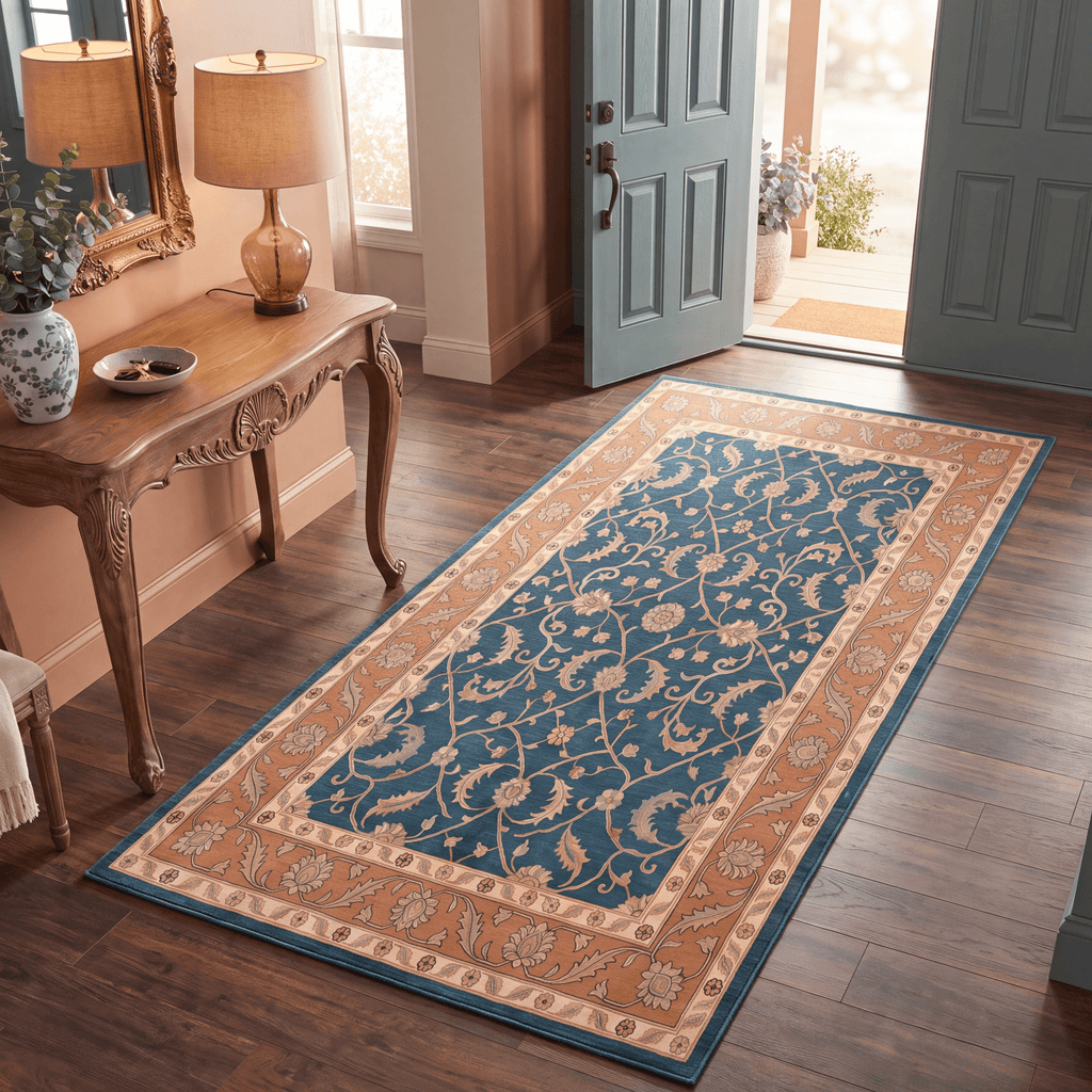 Chapel2 Traditional Floral Border Teal Copper Cream Washable Indoor Outdoor Rug - RugzellaDigital Print RugRugzellaRugzellaBBB396-RECT-24x47-60x120cmRGZLLA115126Rectangle2' x 3'11" (60x120 cm)RUNNER | Chapel2 runner entryway