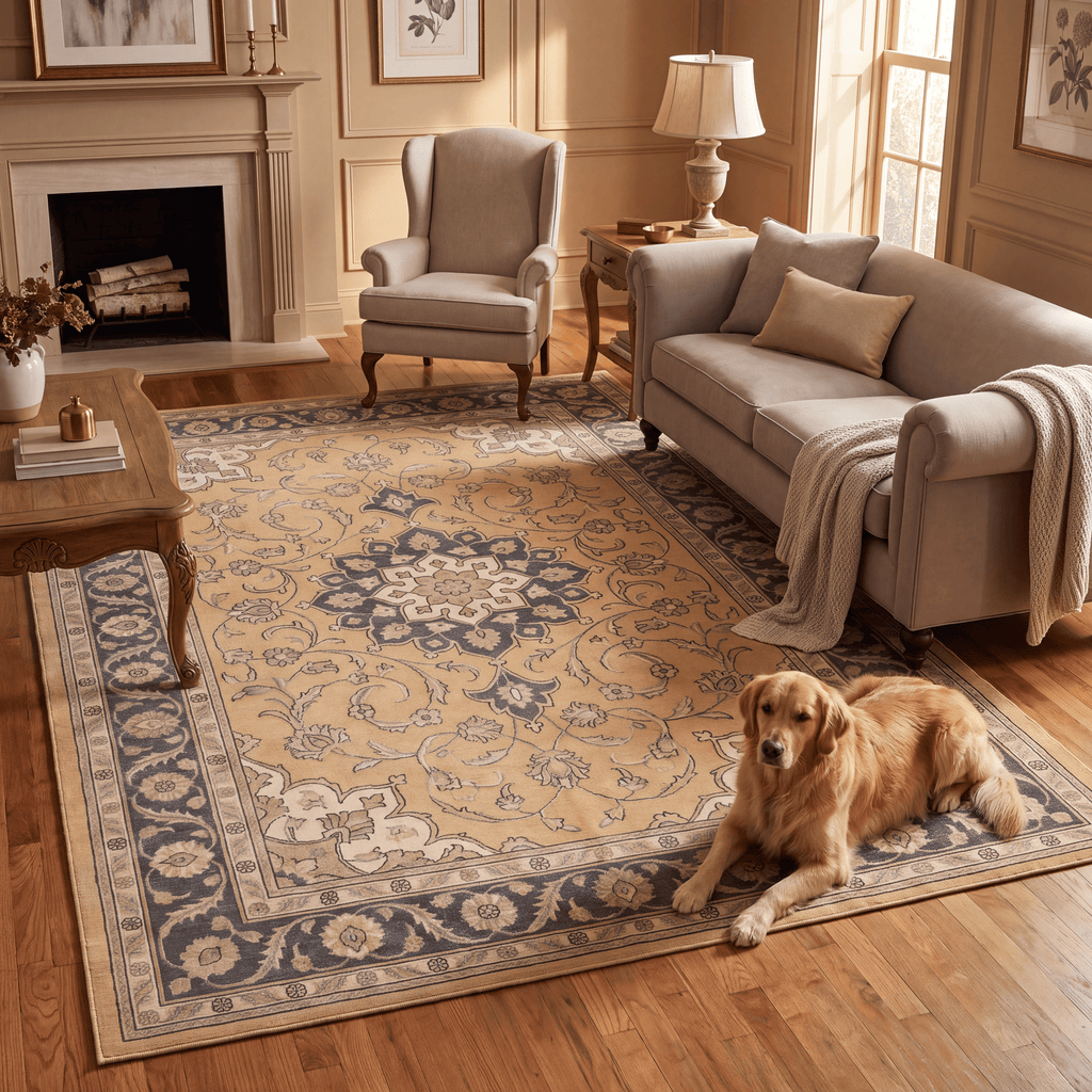 Charlock Traditional Medallion Border Mustard Charcoal Ivory Washable Indoor Outdoor Entryway Rug - RugzellaDigital Print RugRugzellaRugzellaBBB519-RECT-24x47-60x120cmRGZLLA157336Rectangle2' x 3'11" (60x120 cm)RECTANGLE | Charlock rectangle livingroom
