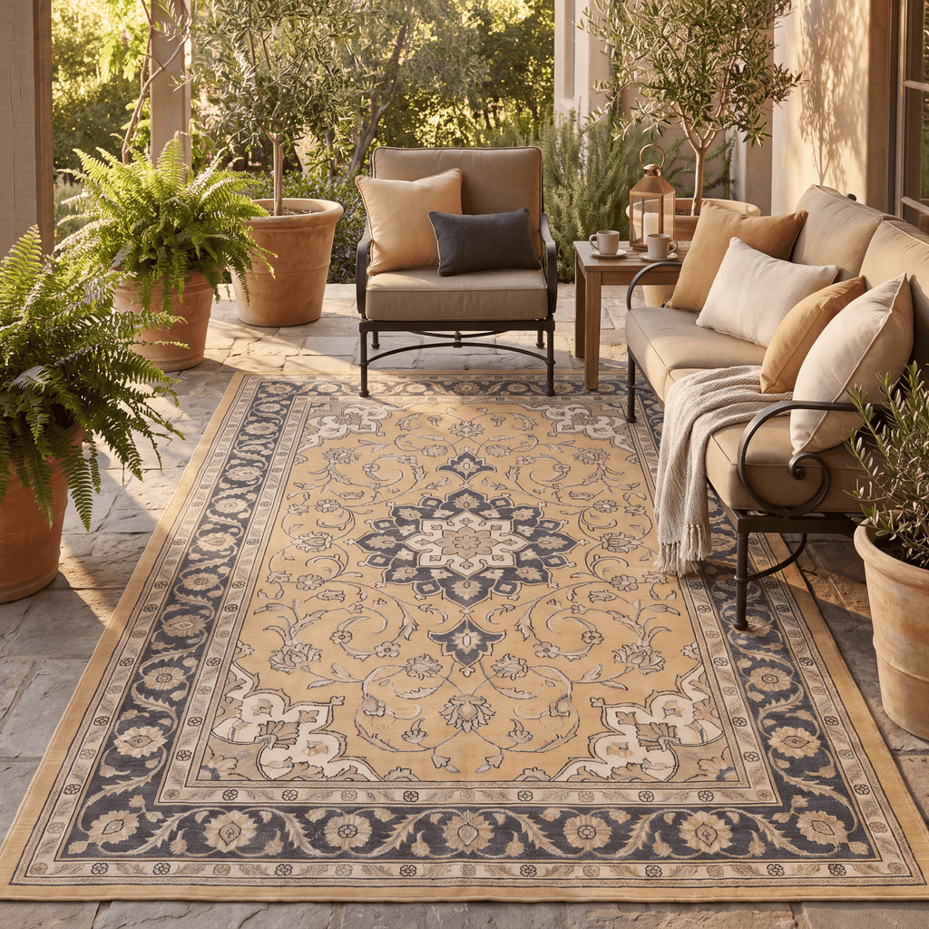 Charlock Traditional Medallion Border Mustard Charcoal Ivory Washable Indoor Outdoor Entryway Rug - RugzellaDigital Print RugRugzellaRugzellaBBB519-RECT-24x47-60x120cmRGZLLA157336Rectangle2' x 3'11" (60x120 cm)RECTANGLE | Charlock rectangle outdoor