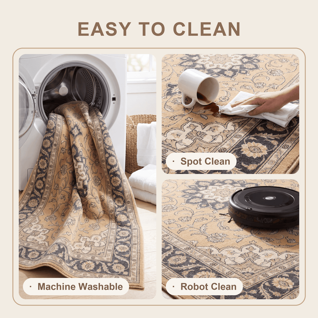 Charlock Traditional Medallion Border Mustard Charcoal Ivory Washable Indoor Outdoor Entryway Rug - RugzellaDigital Print RugRugzellaRugzellaBBB519-RECT-24x47-60x120cmRGZLLA157336Rectangle2' x 3'11" (60x120 cm)SHARED | Charlock feature clean