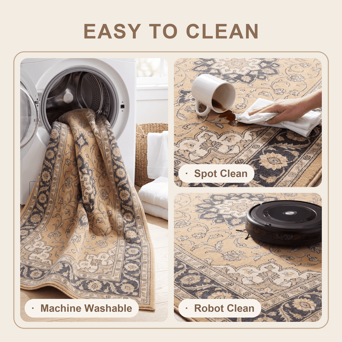 Charlock Traditional Medallion Border Mustard Charcoal Ivory Washable Indoor Outdoor Entryway Rug - RugzellaDigital Print RugRugzellaRugzellaBBB519-RECT-24x47-60x120cmRGZLLA157336Rectangle2' x 3'11" (60x120 cm)SHARED | Charlock feature clean