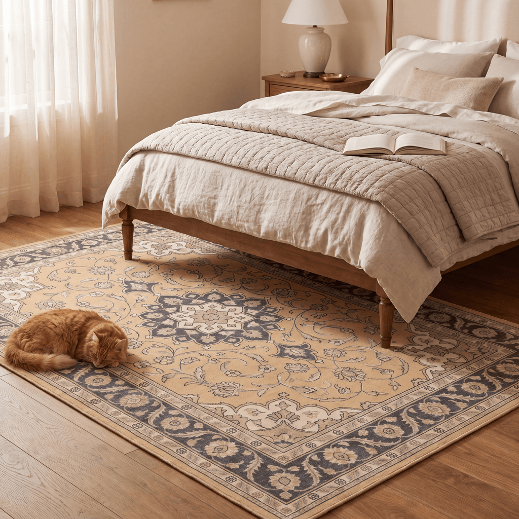 Charlock Traditional Medallion Border Mustard Charcoal Ivory Washable Indoor Outdoor Entryway Rug - RugzellaDigital Print RugRugzellaRugzellaBBB519-RECT-24x47-60x120cmRGZLLA157336Rectangle2' x 3'11" (60x120 cm)RECTANGLE | Charlock rectangle bedroom