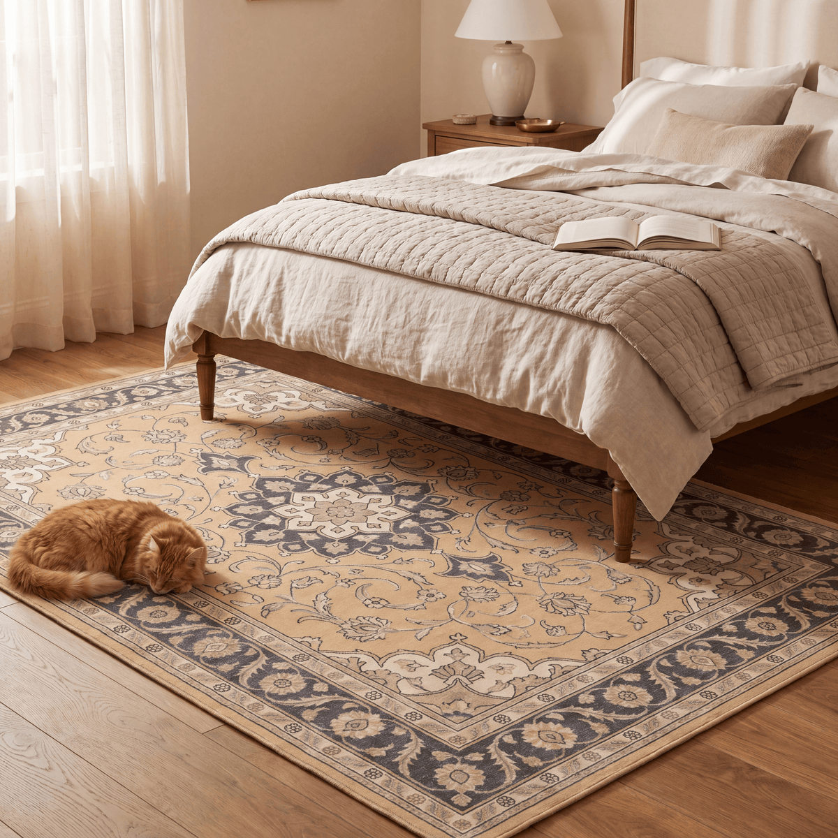 The rug at the foot of a bed with a cat asleep on it.