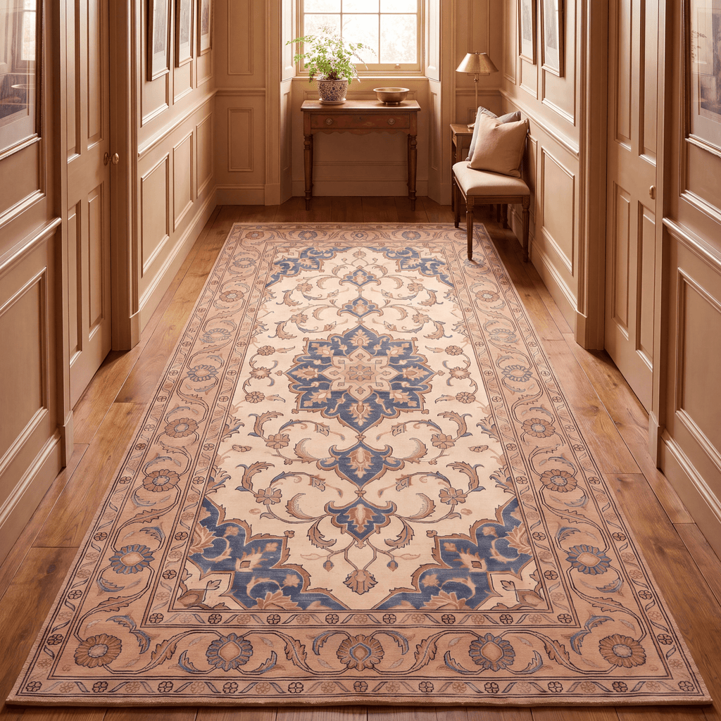 Chasm2 Traditional Oriental Style Medallion Camel Cream Indigo Washable Indoor Outdoor Entryway Rug - RugzellaDigital Print RugRugzellaRugzellaBBB410-RECT-24x47-60x120cmRGZLLA119146Rectangle2' x 3'11" (60x120 cm)RUNNER | Chasm2 runner hallway