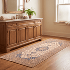 Chasm2 Traditional Oriental Style Medallion Camel Cream Indigo Washable Indoor Outdoor Entryway Rug - RugzellaDigital Print RugRugzellaRugzellaBBB410-RECT-24x47-60x120cmRGZLLA119146Rectangle2' x 3'11" (60x120 cm)RUNNER | Chasm2 runner bathroom