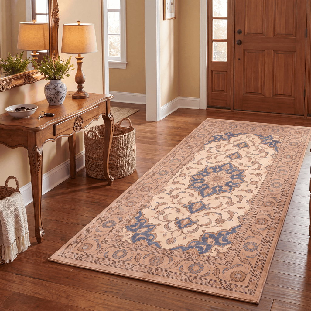 Chasm2 Traditional Oriental Style Medallion Camel Cream Indigo Washable Indoor Outdoor Entryway Rug - RugzellaDigital Print RugRugzellaRugzellaBBB410-RECT-24x47-60x120cmRGZLLA119146Rectangle2' x 3'11" (60x120 cm)RUNNER | Chasm2 runner entryway