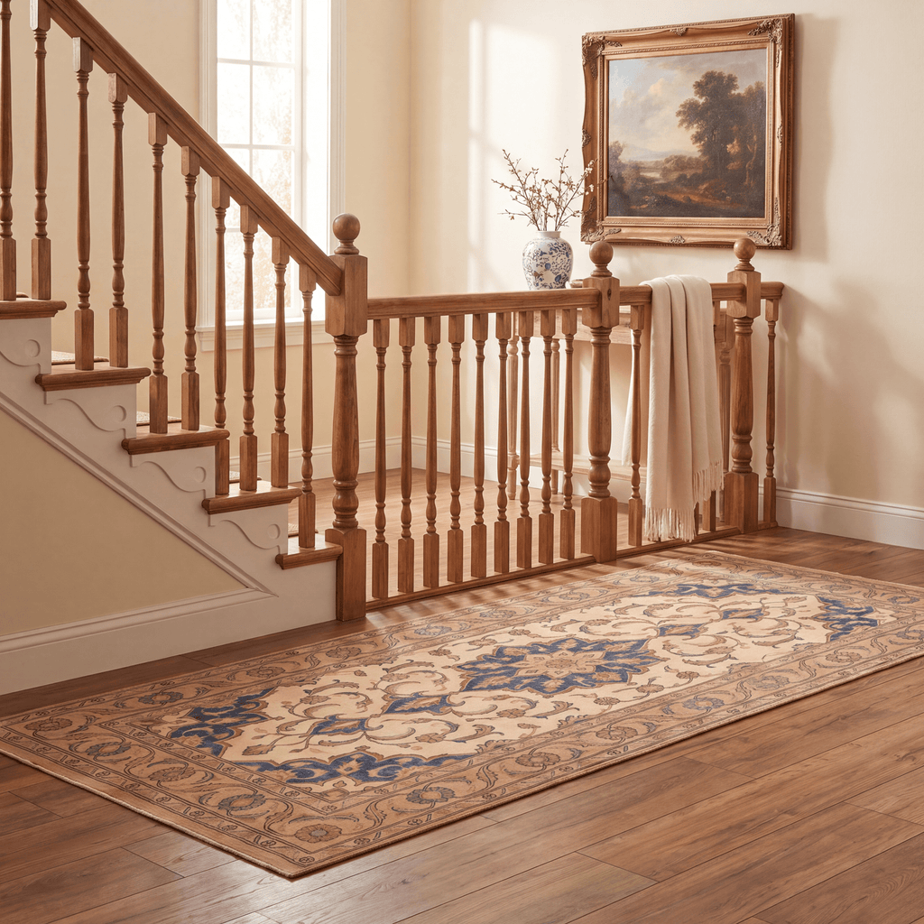 Chasm2 Traditional Oriental Style Medallion Camel Cream Indigo Washable Indoor Outdoor Entryway Rug - RugzellaDigital Print RugRugzellaRugzellaBBB410-RECT-24x47-60x120cmRGZLLA119146Rectangle2' x 3'11" (60x120 cm)RUNNER | Chasm2 runner staircase