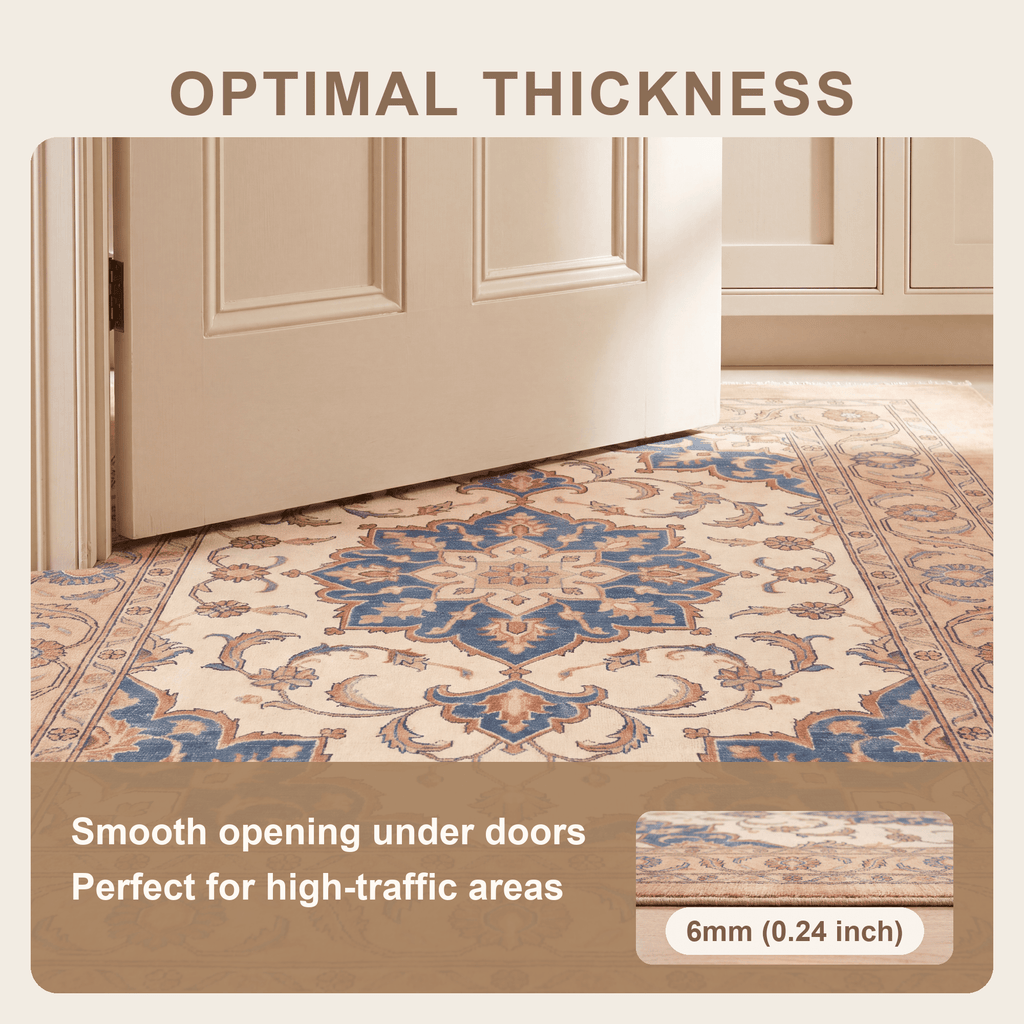 Chasm2 Traditional Oriental Style Medallion Camel Cream Indigo Washable Indoor Outdoor Entryway Rug - RugzellaDigital Print RugRugzellaRugzellaBBB410-RECT-24x47-60x120cmRGZLLA119146Rectangle2' x 3'11" (60x120 cm)SHARED | Chasm2 feature thickness