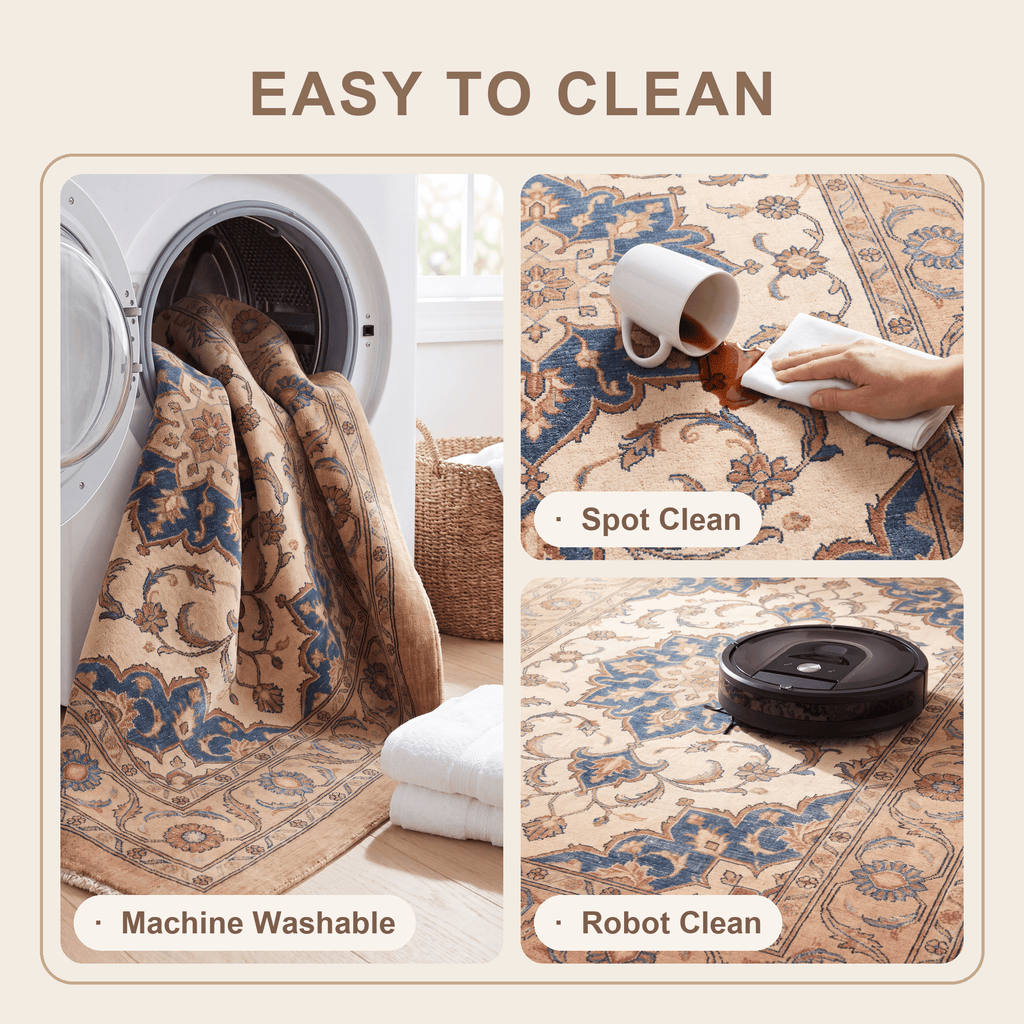 Chasm2 Traditional Oriental Style Medallion Camel Cream Indigo Washable Indoor Outdoor Entryway Rug - RugzellaDigital Print RugRugzellaRugzellaBBB410-RECT-24x47-60x120cmRGZLLA119146Rectangle2' x 3'11" (60x120 cm)SHARED | Chasm2 feature clean