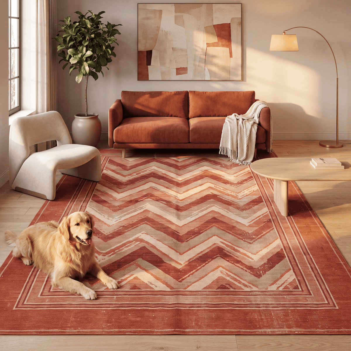 A dog resting on the rug in a living room.