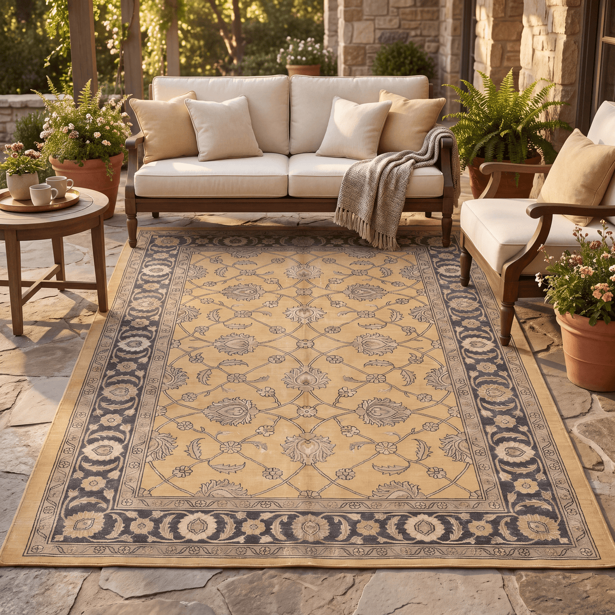 Chickweed Traditional All-Over Floral Border Mustard Charcoal Ivory Washable Indoor Outdoor Entryway Rug - RugzellaDigital Print RugRugzellaRugzellaBBB521-RECT-24x47-60x120cmRGZLLA158006Rectangle2' x 3'11" (60x120 cm)RECTANGLE | Chickweed rectangle outdoor