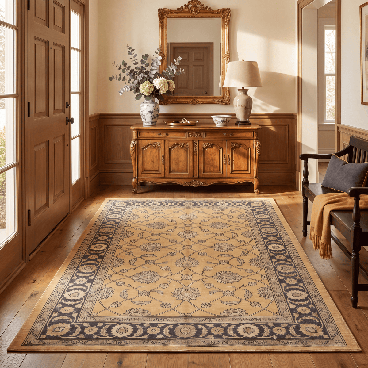 Chickweed Traditional All-Over Floral Border Mustard Charcoal Ivory Washable Indoor Outdoor Entryway Rug - RugzellaDigital Print RugRugzellaRugzellaBBB521-RECT-24x47-60x120cmRGZLLA158006Rectangle2' x 3'11" (60x120 cm)RECTANGLE | Chickweed rectangle entryway