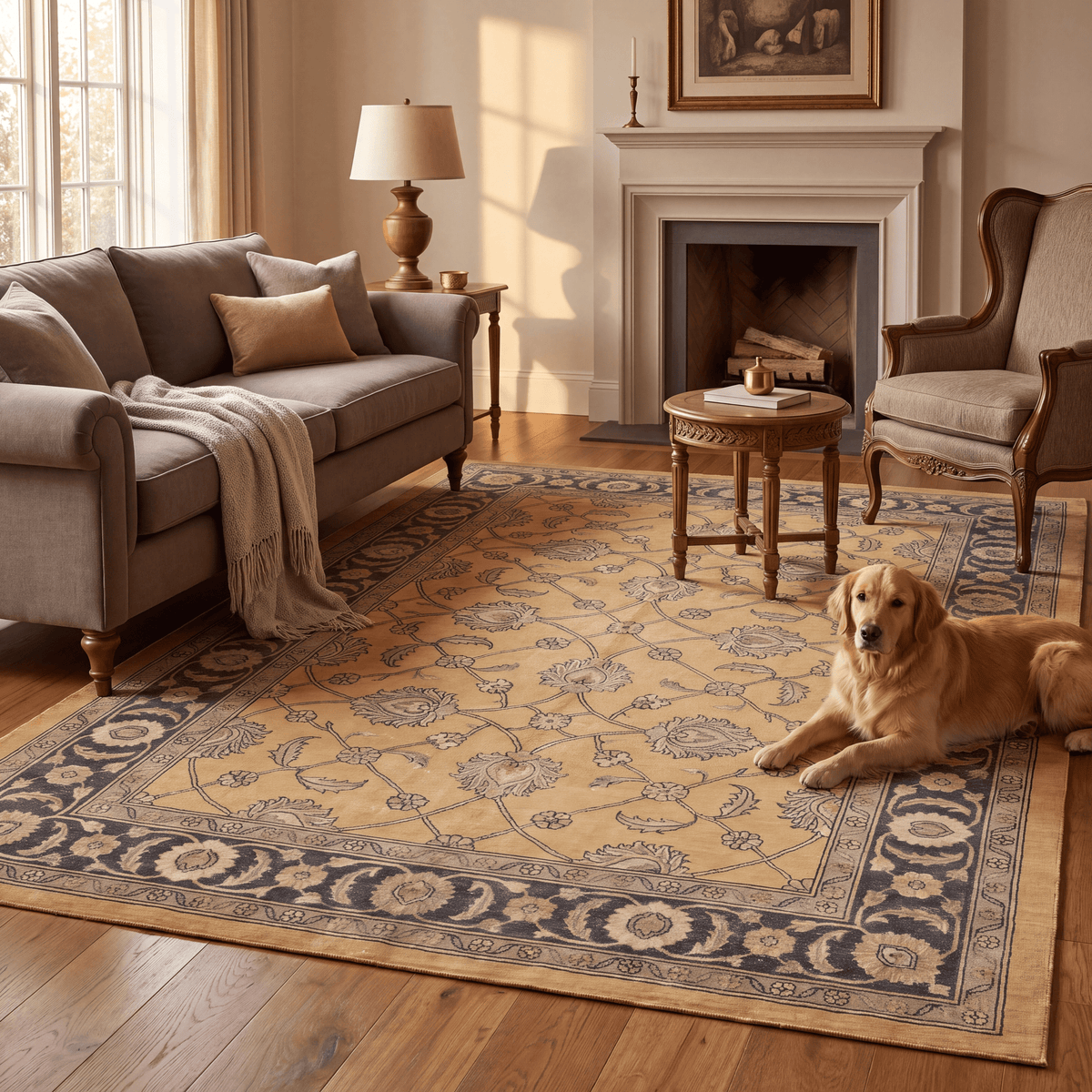 A dog resting on the rug in a living room.